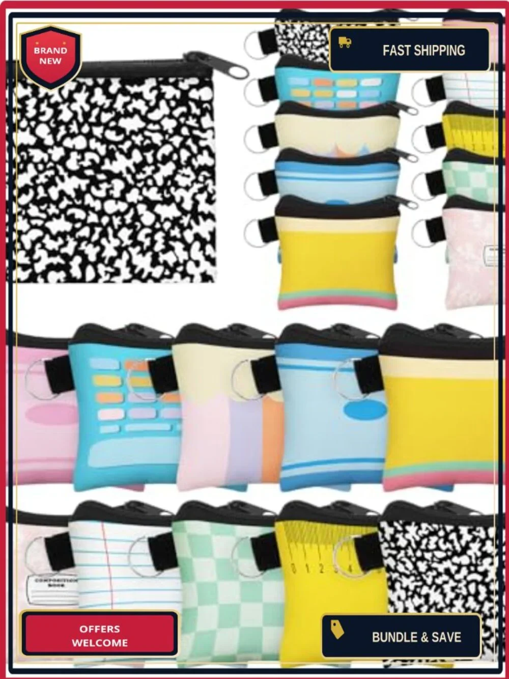 Set of 20 Pastel Back to School Coin Purses with Zipper, Polyester, Teacher